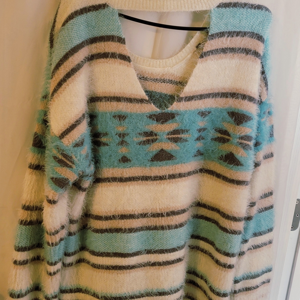 Xhilaration Fuzzy Striped Sweater - Cream and Blue - Picture 2 of 3